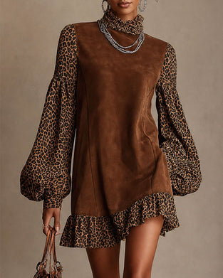 Kjole Leopard Trykk Lanterne Erme Rynket Rett Mini