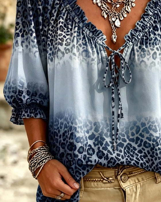 Bluse V-Hals Leopardmønster Snøring