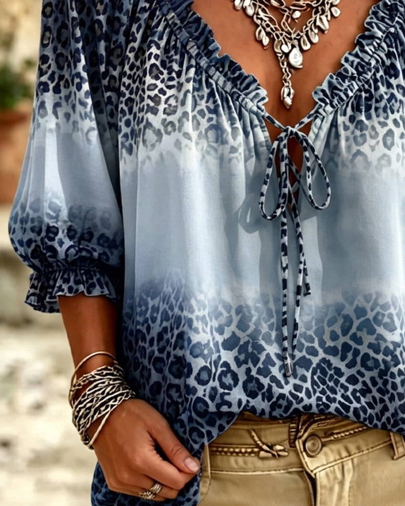 Bluse V-Hals Leopardmønster Snøring