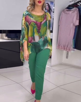 Bluse med flaggermuserm med rund hals