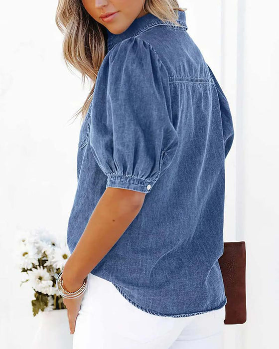 Skjorte Trykknapp Denim Lanterne Erme Løs
