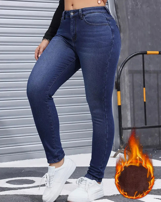 Jeans Dame Fleeceforet Ensfarget Lomme