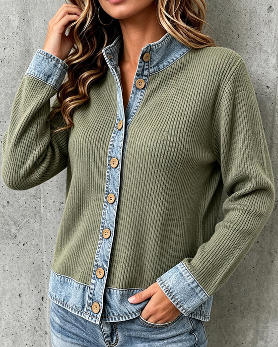 Frakk Avslappet Denim Panel Strikket