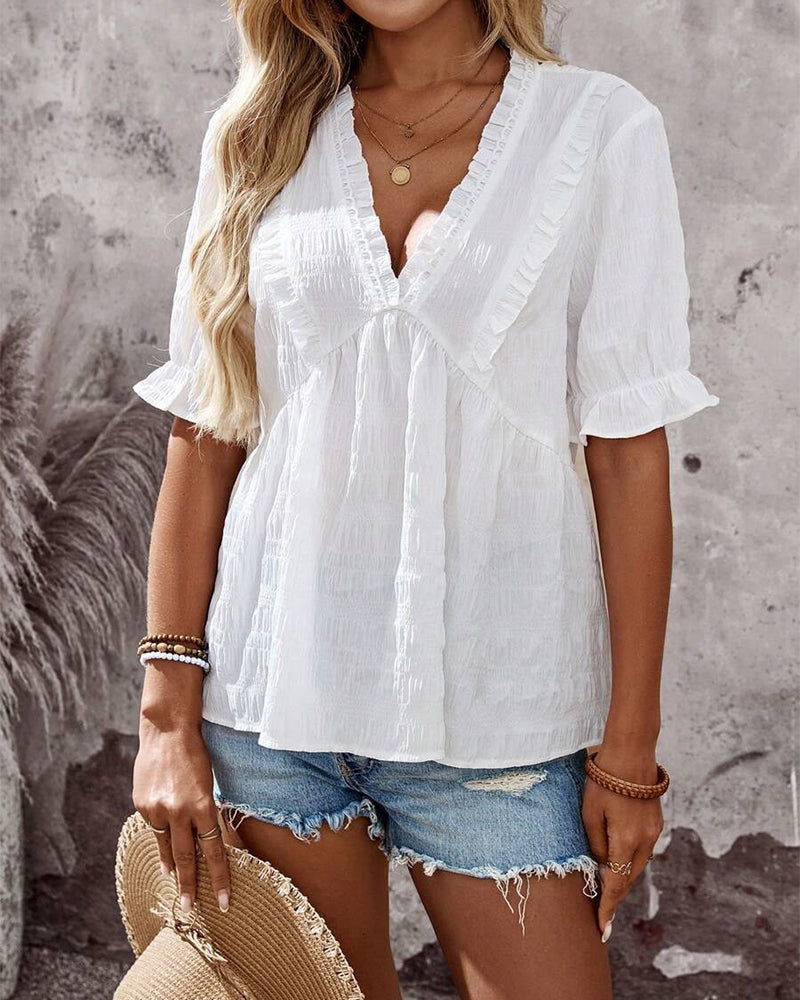 Bluse V-Utringning Rysje Ensfarget Babydoll