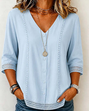 Bluse V-Hals Knapp Blonde Gjennombrutt Ensfarget