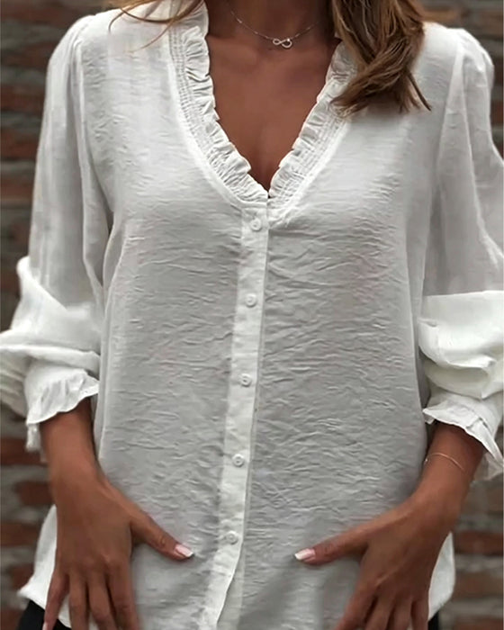 Bluse V-Hals Knapp Foran Ruffle Puffererme