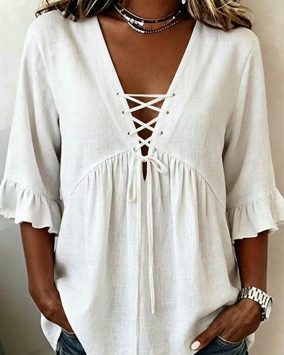 Bluse Ensfarget V-Hals Rysj