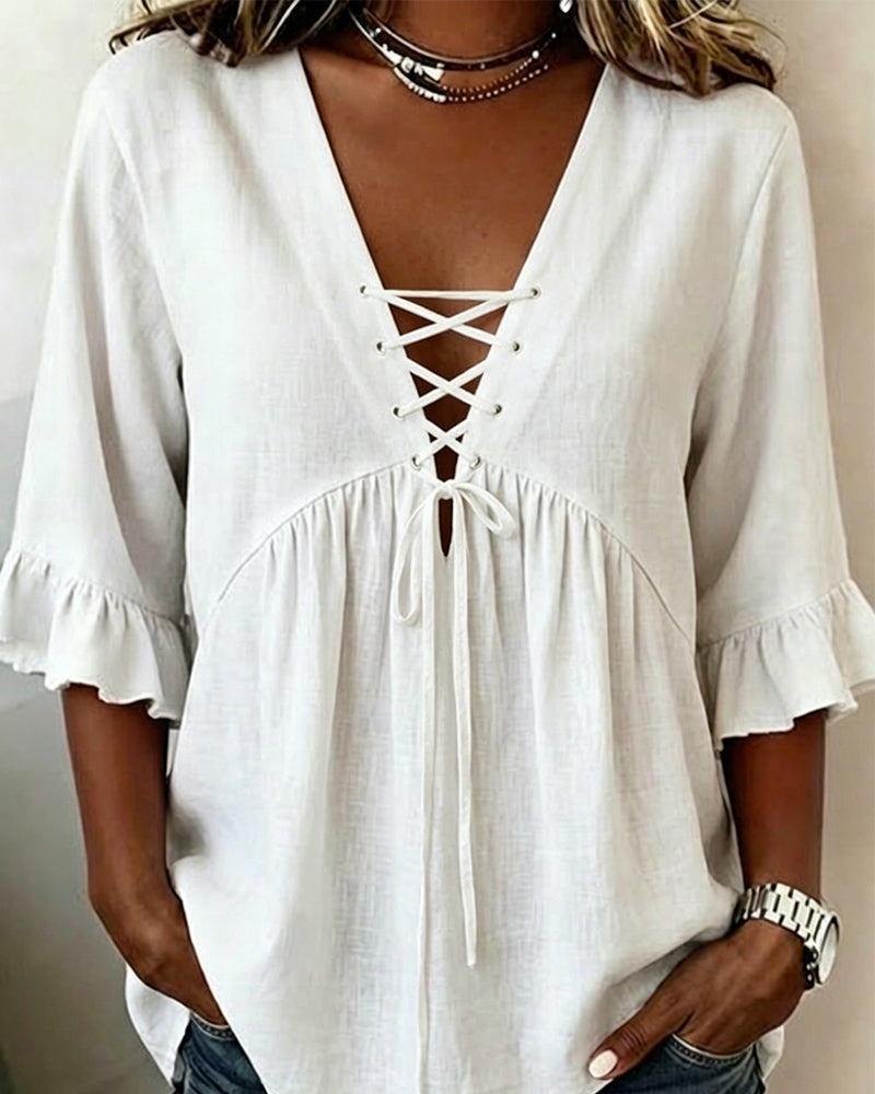 Bluse Ensfarget V-Hals Rysj