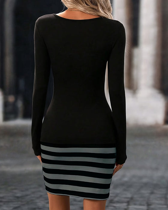 Kjole Lang Erme Patchwork Stripe Bodycon