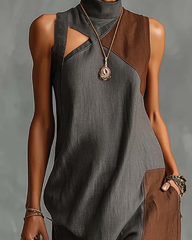 Kjole Høy Hals Asymmetrisk Lappeteppe Ermeløs