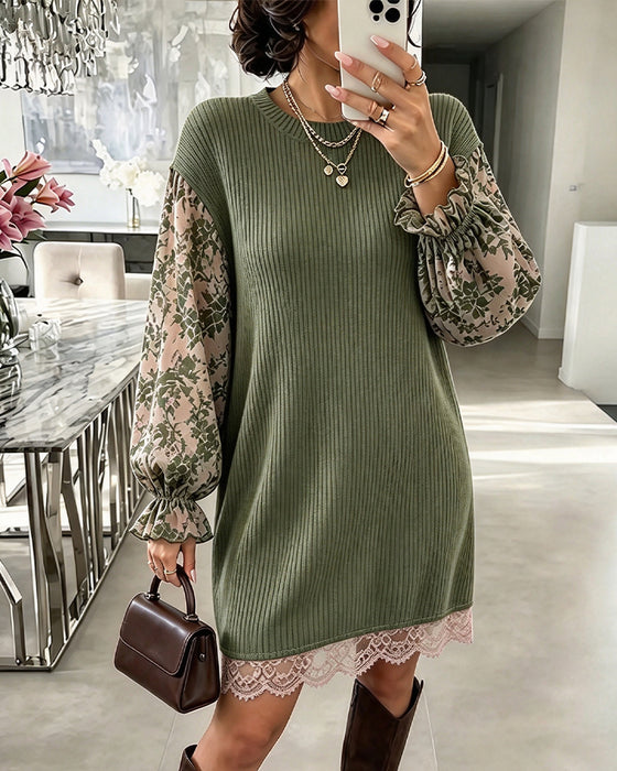 Kjole Rund Hals Ribbet Blonde Lappeteppe Rysje