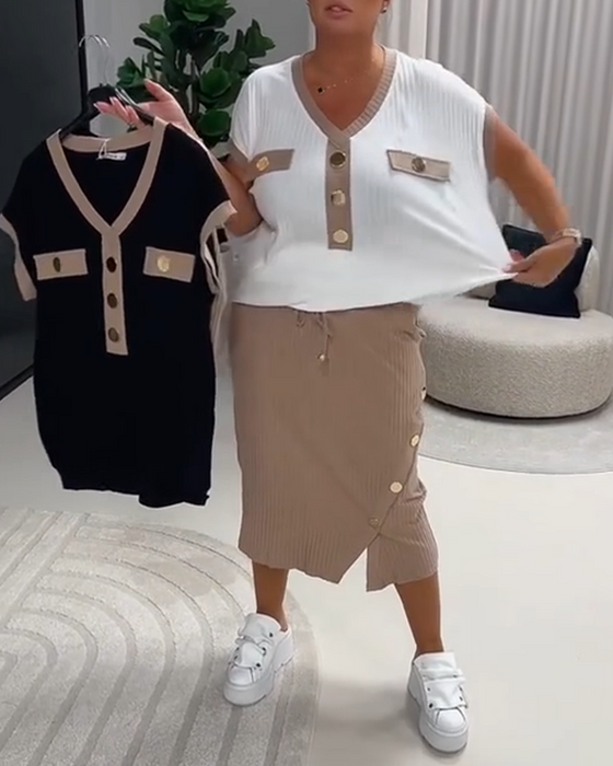 T-Skjorte V-Hals Mote Ribbet Knapp