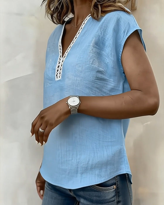 T-Skjorte Med V-Hals Og Hulldetaljer I Bomull Og Lin