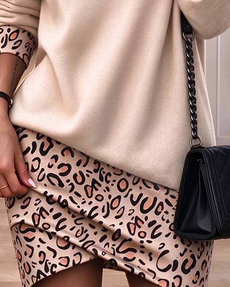 Kjole Høy Krage Leopard Trykk Slim