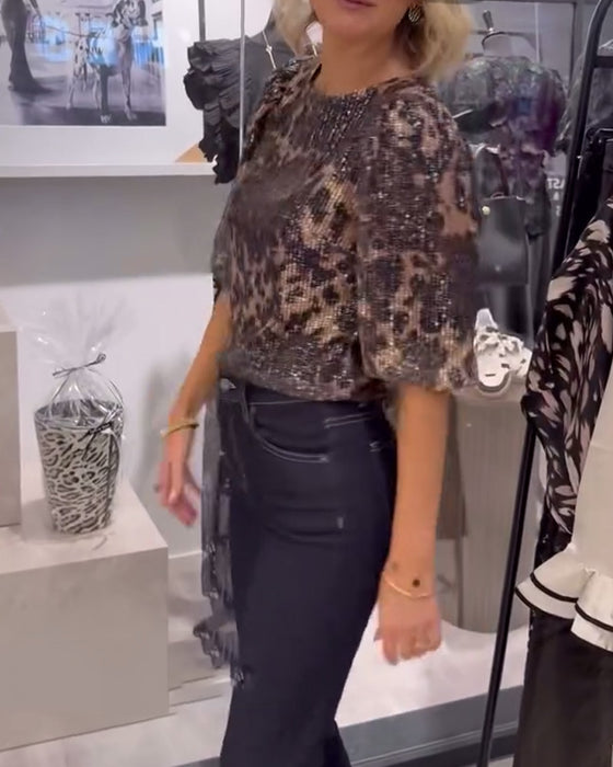 Bluse Med Lanterneermer Paljetter Leopardmønster
