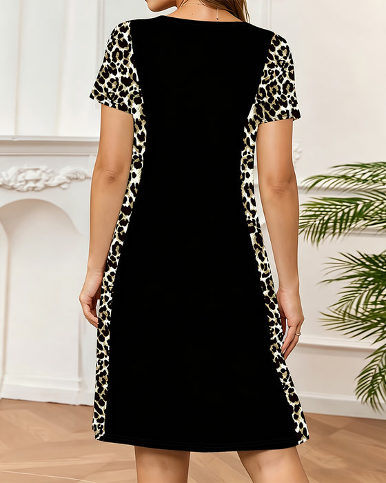 Kjole Rundhalset Leopard Fargeblokk