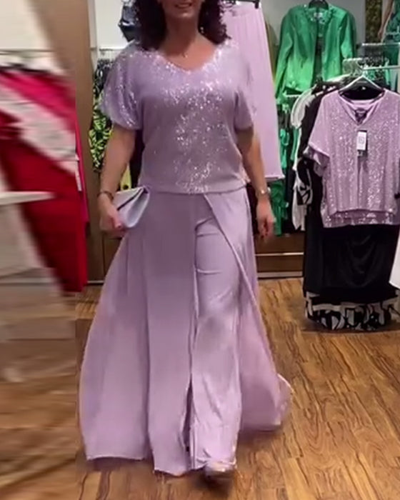 V-hals kortermet løs paljettbluse