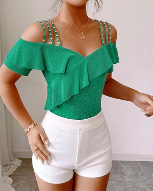 T-Skjorte Diamantstropper Rynket Off-Shoulder V-Hals
