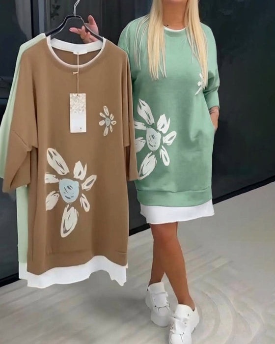 Sweatshirtkjole Rund Hals Trykt Lappeteknikk