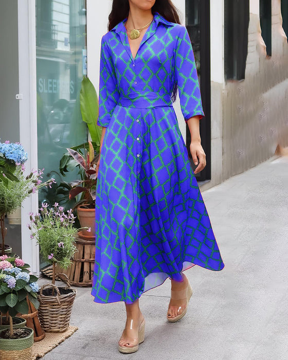 Skjortekjole med V-hals og 3/4-ermer