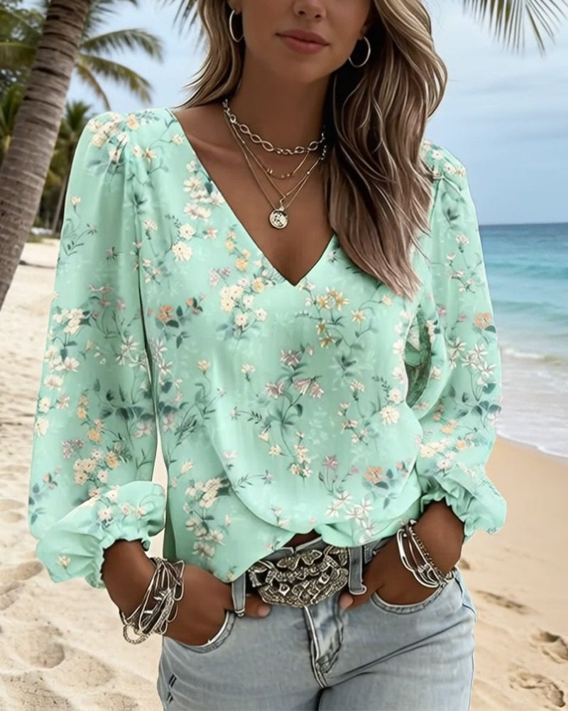 Bluse Blomstret V-Hals Pufferme