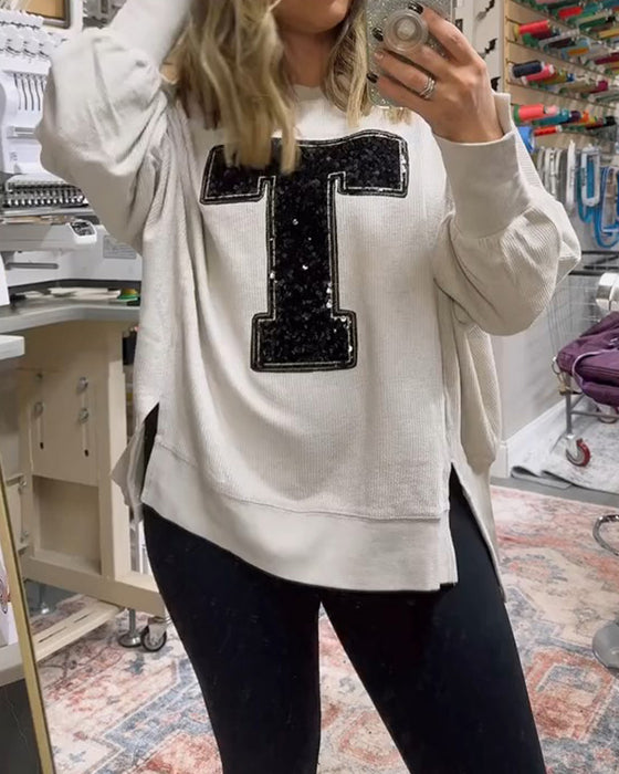 Sweatshirt T-Design Paljett Brodert Rund Hals