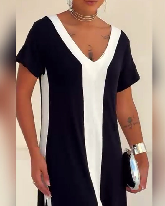 Kjole Temperament V-Hals Kontrastfarge