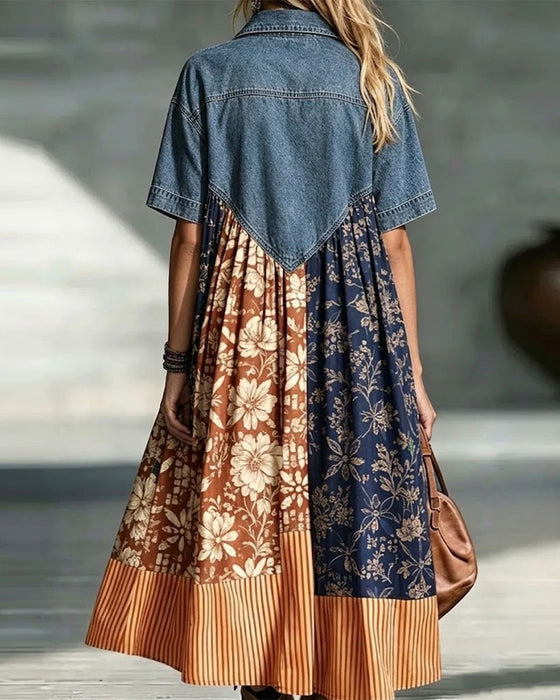 Kjole Skjortekrage Blomst Kontrast Denim Lappearbeid