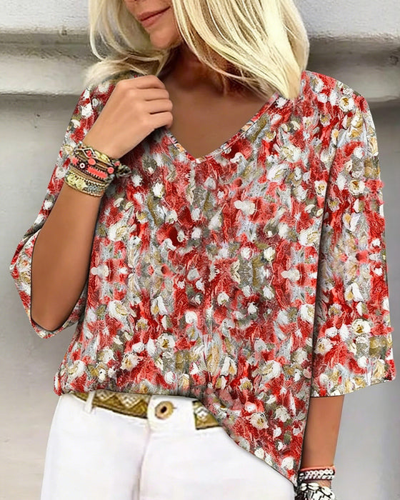 Bluse Blomstre Trykk V-Hals Tredje-Kvart Erme