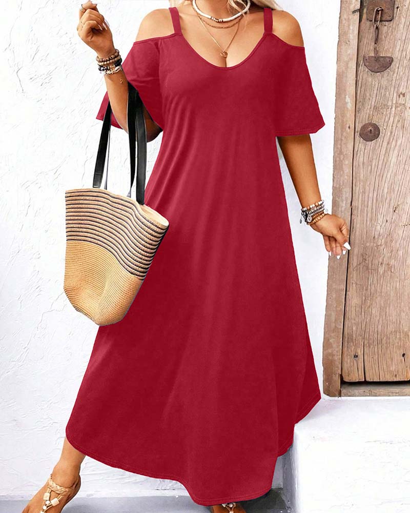 Kjole Ensfarget V-Utringning Off-Shoulder Lang