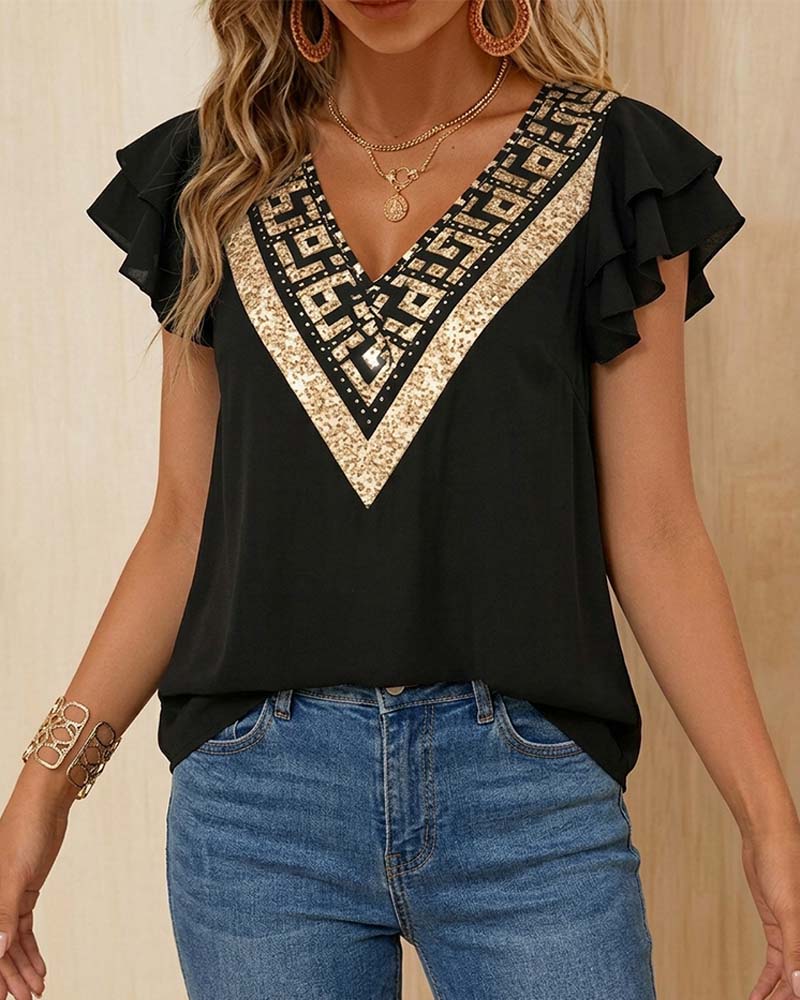 Bluse Lotusbladstrykk V-Hals Kontrast