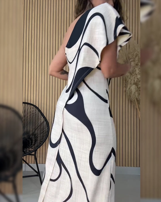 Kjole Rysj Off-Shoulder Geometrisk Trykk Mote