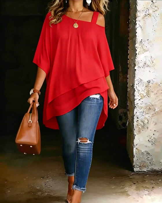 Bluse Asymmetrisk Cold Shoulder Ensfarget Avslappet