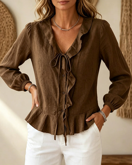 Bluse V-Hals Ruffle Slips Lang Erme