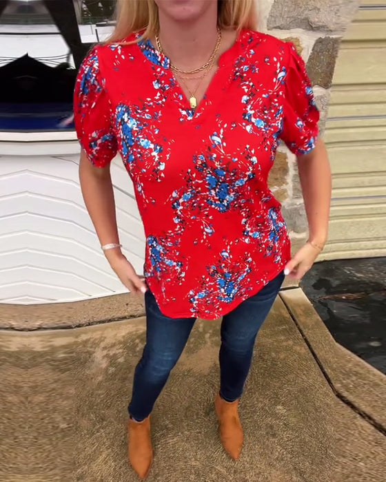 T-Skjorte V-hals Blomstermønster Kortermet