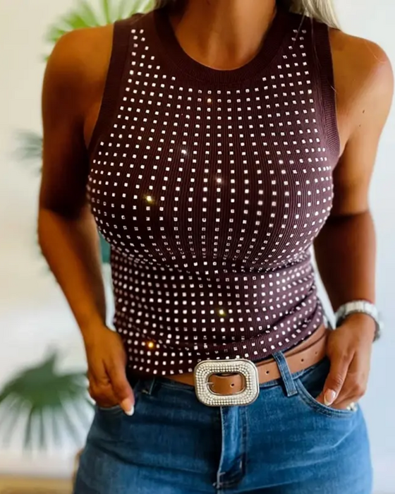 Tanktopp Ensfarget Ribbet Strass Tettsittende