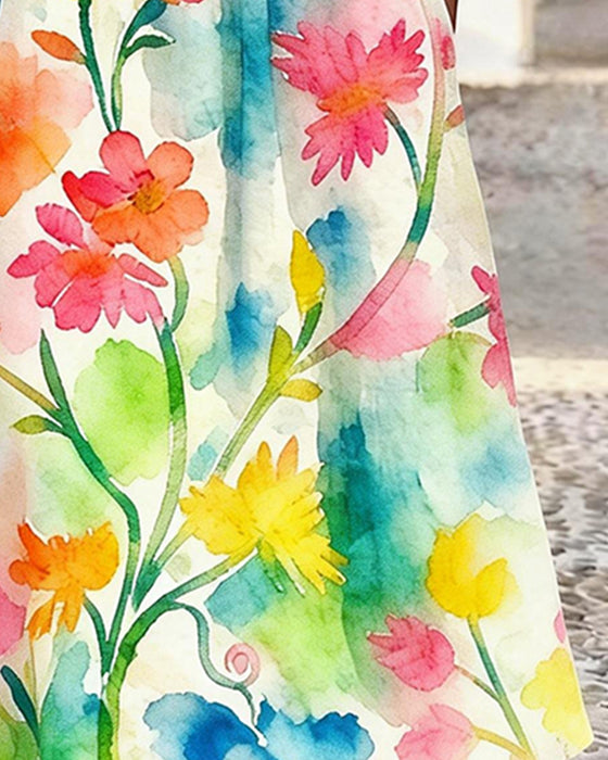 Kjole Akvarell Blomstret Trykk Rundhalset