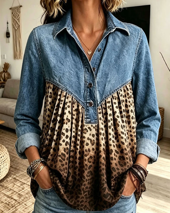 Topp Denim Leopard Trykk Patchwork Krage