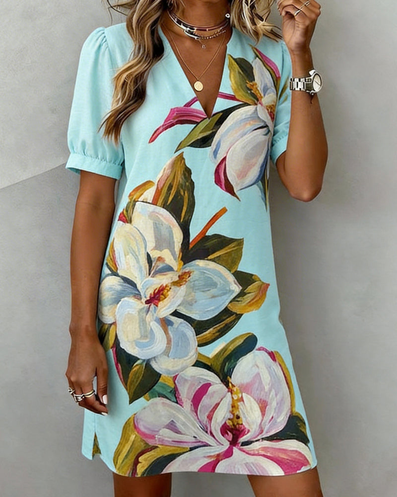 Kjole Stor Blomstre Trykk V-hals