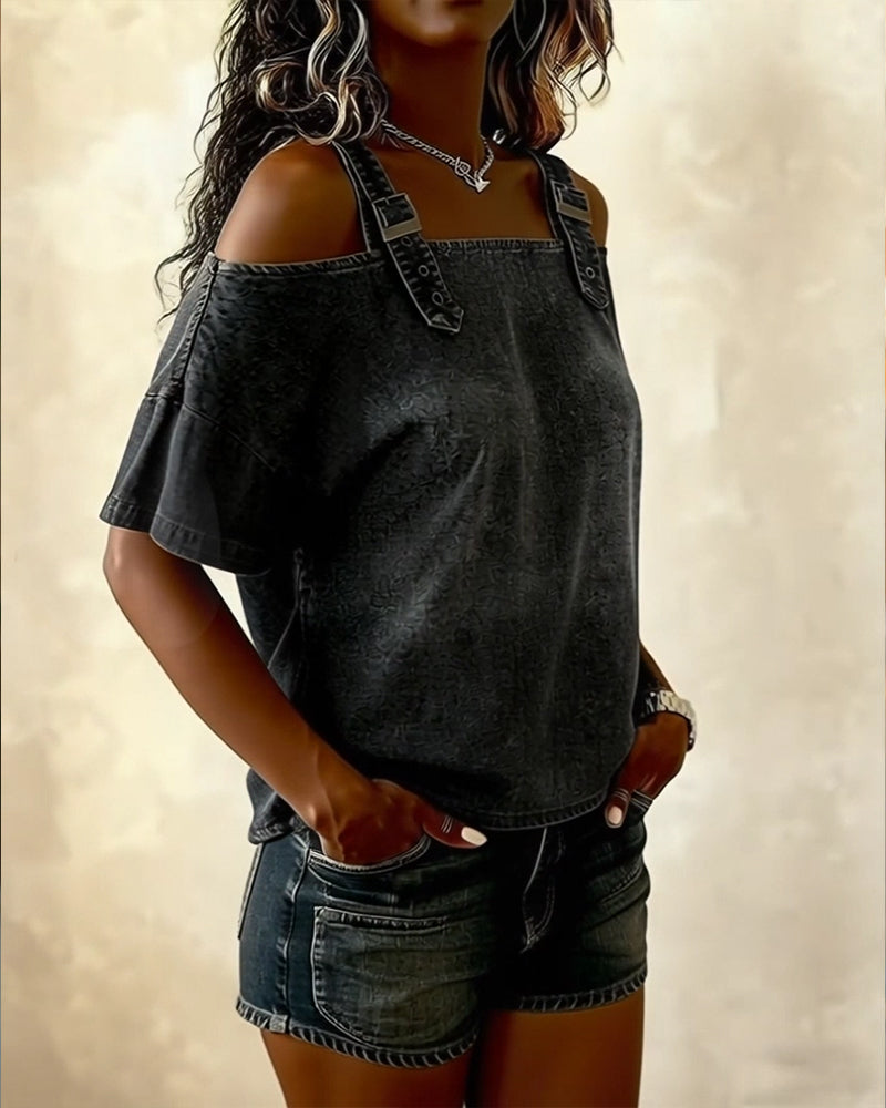 Bluse Off-Shoulder Med Skulderstropp Denim