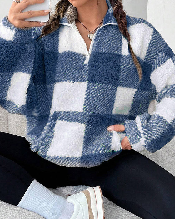 Sweatshirt Halv-Zip Ståkrage Rutemønster