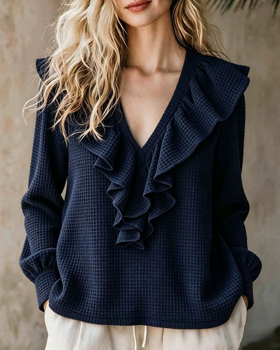 Bluse Vaffelstrikk V-Hals Ruffle