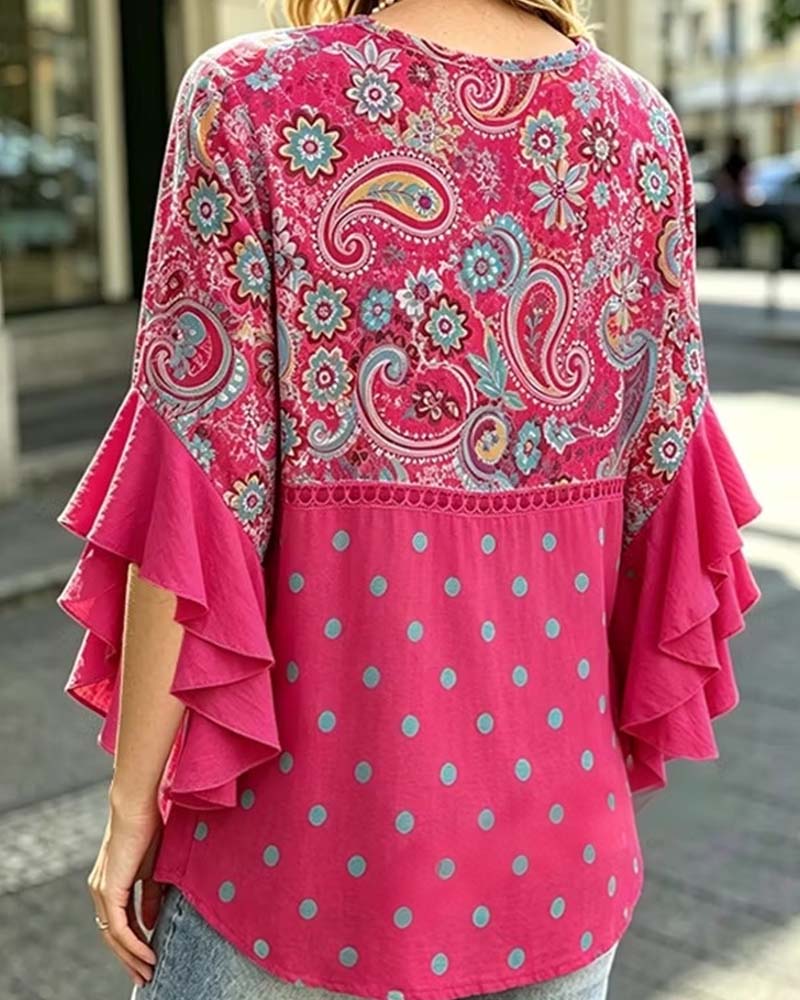 Bluse V-Hals Blomstrende Prikket Ruffle