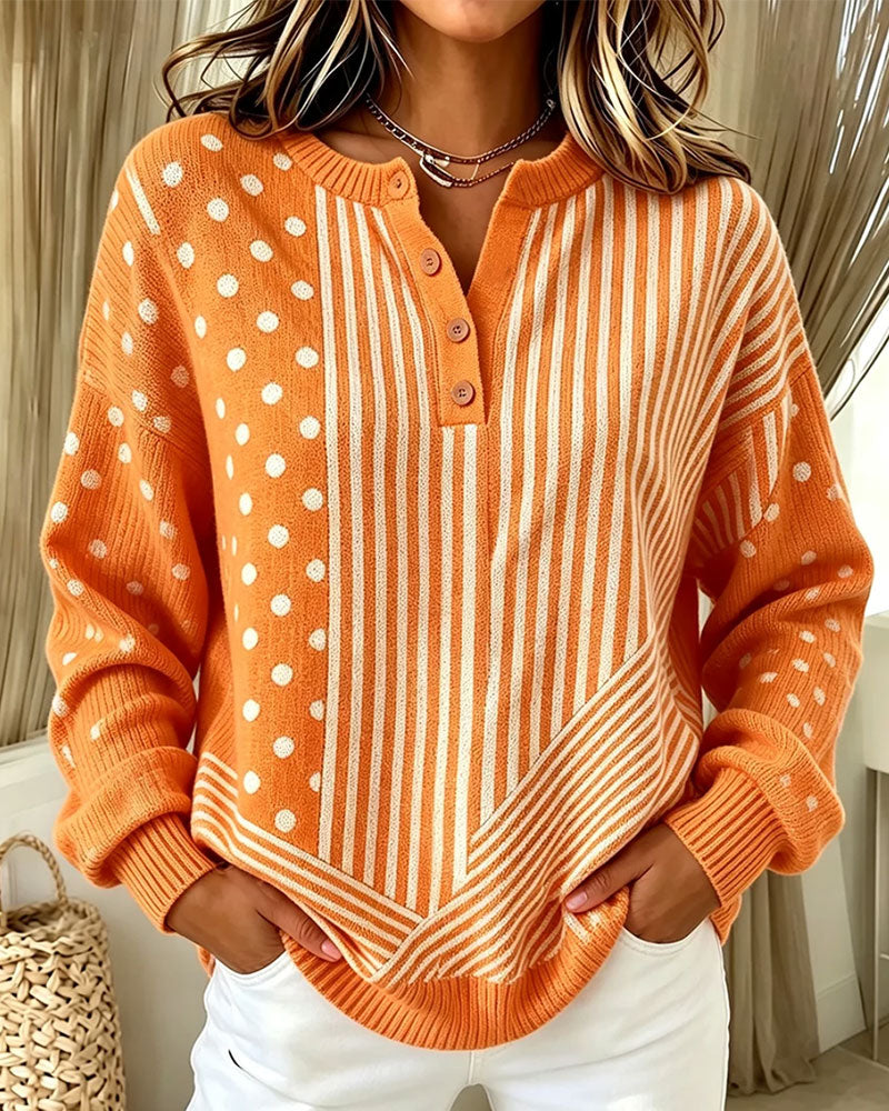 Pullover Knapp Foran Stripe Prikket Drop Skulder Strikket