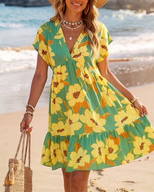 Babydoll Kjole V-Utringning Blomstret Trykk