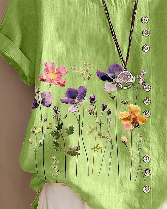 T-Skjorte Blomstret Trykk Rund Hals Kort Erme