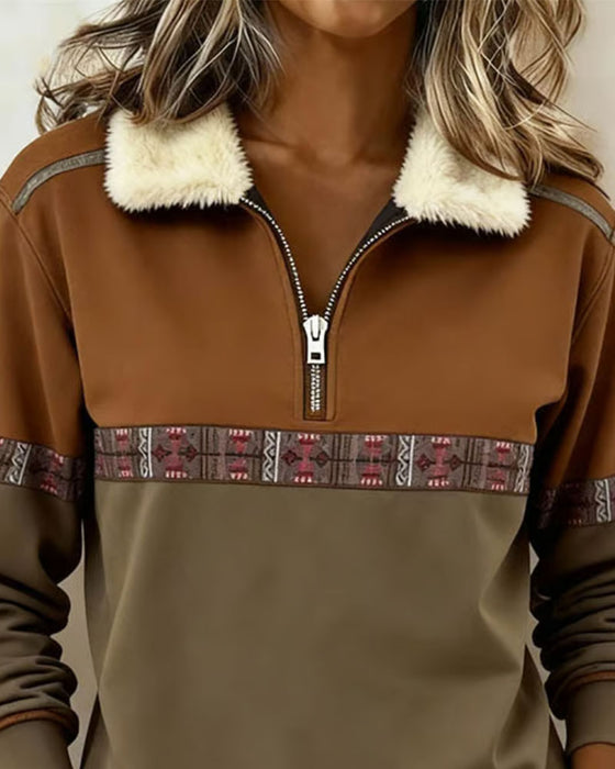 Sweatshirt Fleece Fargeblokk Halv Glidelås