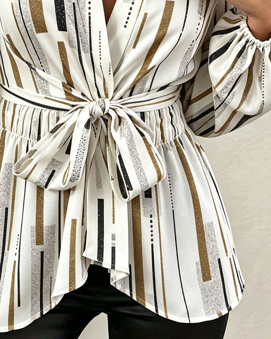 Bluse Geometrisk Stripe Innsnørt Midje Snor