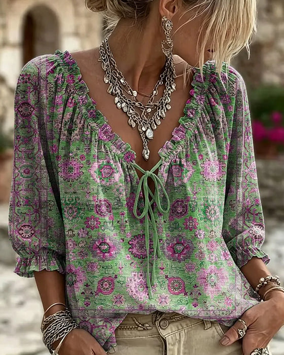 Bluse V-Hals Knyting Vintage Trykk