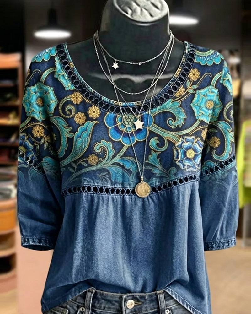 Bluse Hul Ut Trykk Vintage